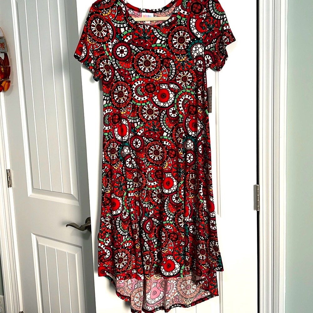 Lularoe Carly swing dress, orange, green, white, turquoise, black. Size XS, NWT